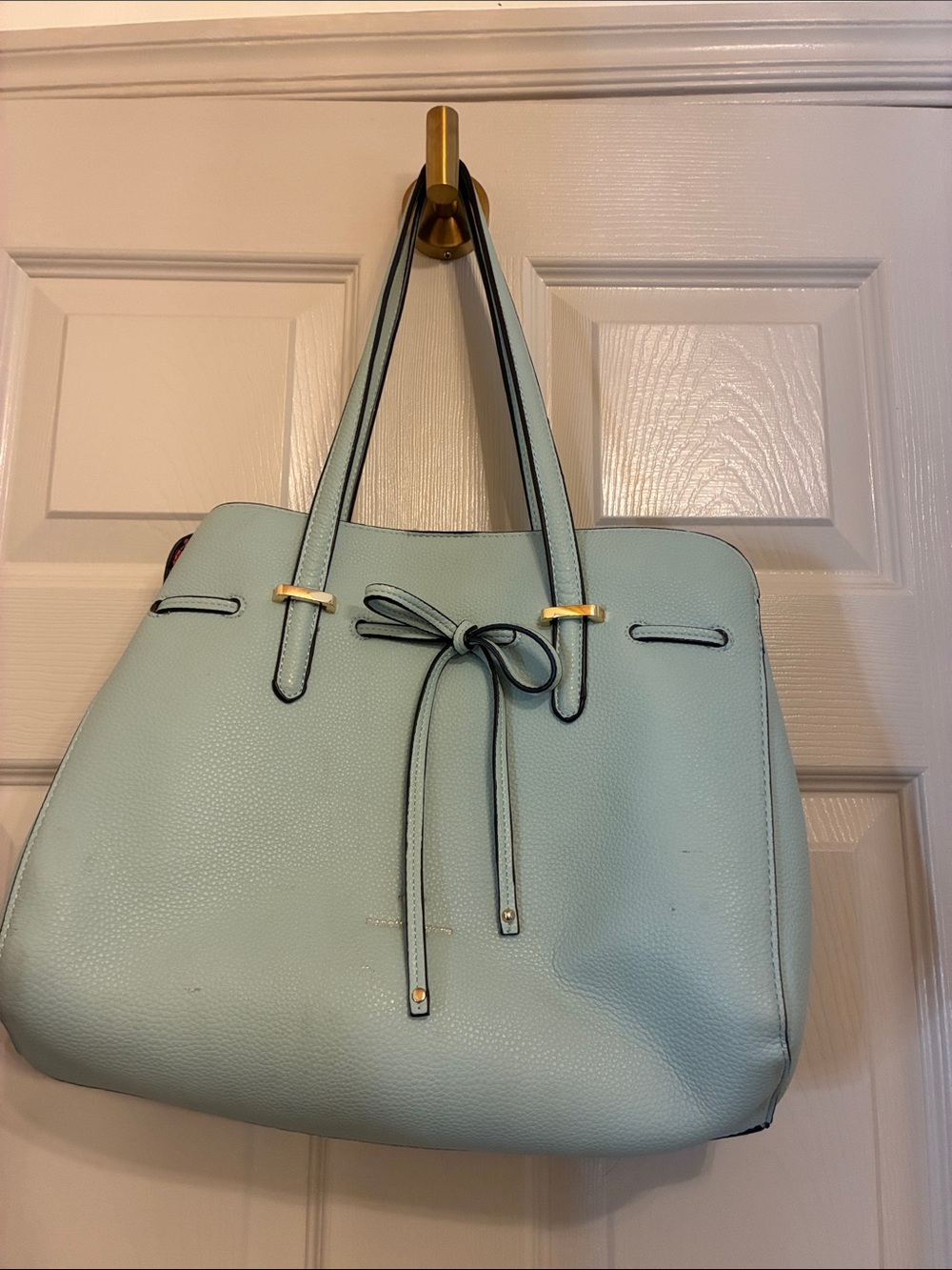 Nanette Lepore Mint Blue Leather Tote with Bow Detail